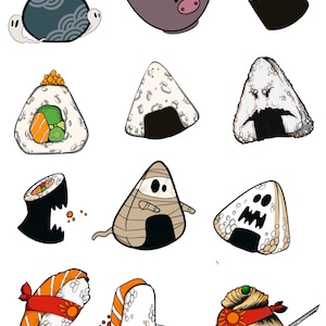 Può includere: Un set di 11 illustrazioni di sushi e onigiri in stile cartone animato, alcune con facce spettrali. Le illustrazioni sono in una varietà di colori, tra cui nero, bianco, rosso, arancione, giallo, verde e marrone.