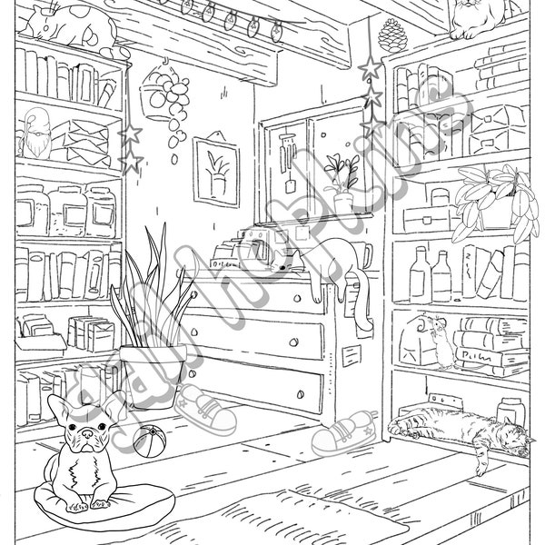 Cozy House Coloring Page, Cute Detailed Room with Books, Cats, Plants, and Surprise. Suitable for Adult or Teen. Fun Art. Instant Download.