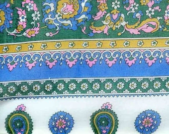 Vintage Border Print, Woven, Crisp, Sheer, Paisley, Gauze, 1970, Green, Blue, Gold, Pink, Custom Fabrica Inc.