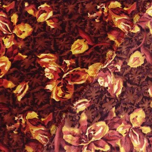 Beautiful, Woven Silky Fabric. Brown and Gold Floral Print.  No Stretch.  Opague.  Textured. Dress or Skirt Weight.