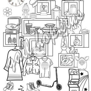May include: A black and white line drawing illustration of a variety of retro items, including a clock, a television, a sewing machine, a troll doll, a record player, a teapot, a pair of boots, a jacket, a t-shirt, a scooter, a video game, a pair of binoculars, and a pair of sneakers.