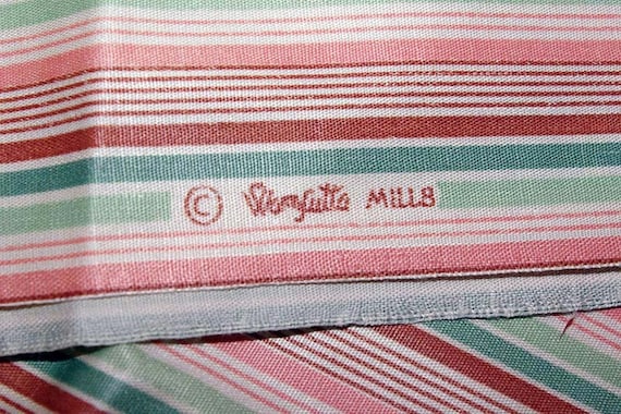 Vintage Striped Shirting. Polished Cotton poly blend , Wamsutter Mills,  Striped Shades of green,peach, rust.  High Quality Fabric. BTY