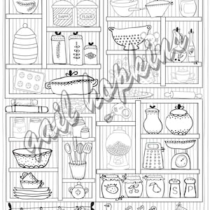 Vintage Kitchen Cubbies Coloring page for Adults or Teen. Hand drawn Kitchen utensils and cookware.