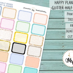 Könnte beinhalten: Blatt mit Planer-Aufklebern mit glitzernden halben Kästchen in verschiedenen Pastellfarben, darunter Blau, Rosa und Gold. Der Text "GLITTER HALF BOXES FOR HAPPY PLANNER" steht oben. Zusätzlicher Text enthält "PRINTABLE STICKERS" und "FREE SILHOUETTE CUT FILE".