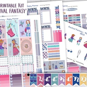 Happy Planner Printable Kit, 'Festival Fantasy', Boho Vertical Sticker Kit, Mambi Hippy Stickers, Hippy PRINTABLES download print and cut
