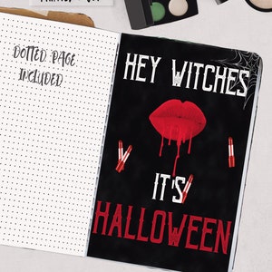 May include: Open notebook with a dotted page and a black page with the text "Hey Witches It's Halloween" and a dripping red lip graphic. Includes a makeup palette, brush, and compact.