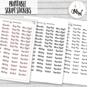 Functional Script Stickers,  PRINTABLE Planner Stickers, Create 365, Erin Condren, Cursive Printable Stickers, TN Foxy Fix, Free Cut File