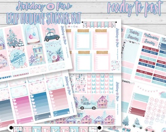 Pink Christmas Vertical Kit | Pink and Blue Watercolour Planner Sticker Kit  | Original Holiday Stickers | Xmas Houses & VW Beetle Bug Car