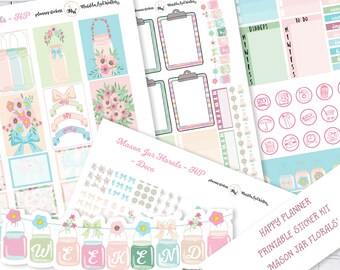 May include: A collection of printable planner stickers featuring mason jars with floral arrangements, bows, and the word "Weekend". The stickers include various designs, such as clipboard templates, icons, and decorative elements. The text "Mason Jar Florals - Deco" is visible.