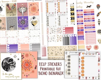 Könnte beinhalten: Eine Sammlung druckbarer Planer-Aufkleber im Boho-Stil. Die Aufkleber zeigen verschiedene Designs, darunter Federn, Mandalas und himmlische Elemente, in einer Farbpalette aus Pfirsich, Lila und Gold. Der Text enthält "be wild be free".