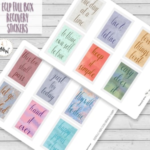 May include: Sheets of planner stickers with inspirational quotes in various colors. Phrases include "one day at a time," "keep it simple," and "easy does it." The stickers are labeled "ECLP Full Box Recovery Stickers."