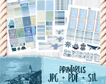 ECLP Nautical Weekly Sticker Kit, Beach Sticker Weekly Kit, Erin Condren, Coastal Printable Stickers, Printable EC stickers, Free Cut File