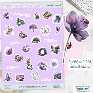 May include: A sticker sheet featuring spring-themed illustrations in watercolour. Designs include lavender, bunnies, bees, butterflies, and a large purple flower with ladybirds. Text includes "Spring into Lavender" and "Spring themed mini stickers".