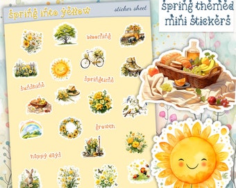 Spring Sticker Sheet in shades of yellow. Floral stickers etc, Planner deco for journal/scrapbook, Sticker sheet handmade in the UK