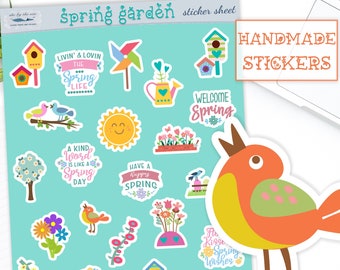 SPRING GARDEN Sticker Sheet, for Planners and Journals. Deco stickers handmade in the UK. Brightly Coloured Mini Decals for Kids