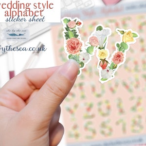 Mini autocollants ALPHABET, style mariage floral, feuille d'autocollants déco fleurs pastel fabriquées au Royaume-Uni, lettres et chiffres 4 agendas