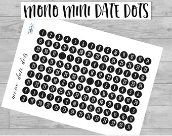 Black & White Date Dots, Mini dated round stickers for mono planner, diary or journal, 4 months per sheet, 0.5 cm each, Handmade in the UK.