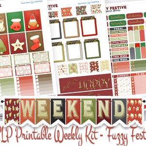 Printable Holiday Stickers ECLP Weekly Sticker Kit, Holiday Planner Sticker Kit Condren Vertical &#39;Fuzzy Festive&#39; Christmas Stickers Cut File