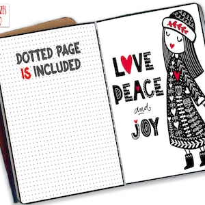 Op de afbeelding: Open notitieboek met gestippelde pagina's en een decoratieve illustratie. De rechterpagina toont een zwart-witte tekening van een meisje met de woorden "LOVE PEACE and JOY". De linkerpagina heeft de tekst "DOTTED PAGE IS INCLUDED".