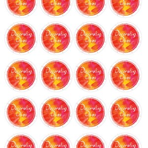 May include: Sheet of round stickers with the text "Decorating Divas" in a white script font. The background of each sticker is a watercolor design in shades of red, orange, and yellow. The stickers have a white border.