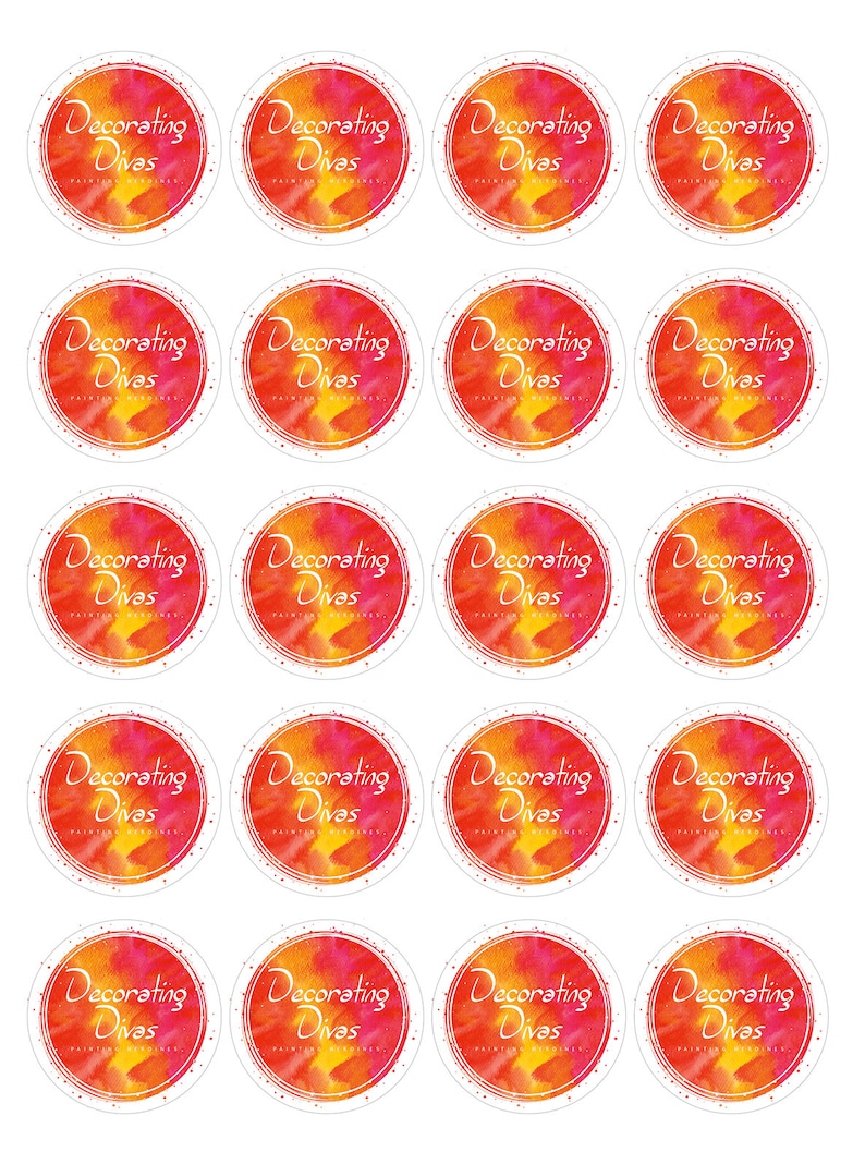May include: Sheet of round stickers with the text "Decorating Divas" in a white script font. The background of each sticker is a watercolor design in shades of red, orange, and yellow. The stickers have a white border.