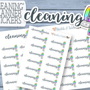 Peut inclure: Autocollants de planificateur blancs avec le mot "cleaning" en écriture cursive. Chaque autocollant présente une illustration colorée d'un aspirateur. Les autocollants sont étiquetés "Cleaning Planner Stickers".