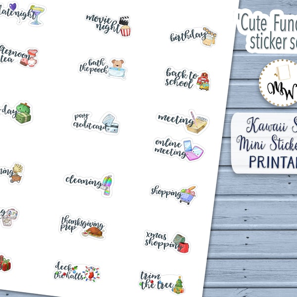 Printable Kawaii Stickers Set | Mini Assorted Planner Stickers | BUJO Functional Planner Deco | Printable Script Reminders | Hobo Cute Deco