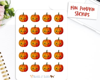 May include: Sheet of mini pumpkin stickers. Each sticker features a smiling orange pumpkin with a green stem. The stickers are on a white background, with the words "Mini Pumpkin Stickers" in orange on a white card.