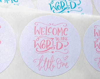 New Baby Stickers, Welcome to the World Congratulations, Christening Favors Label, Baby Shower Invitation Seals, Blue Pink Lemon