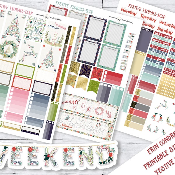 Xmas Floral PRINTABLE Sticker Kit | Xmas Trees Holiday ECLP Stickers | Christmas TN Stickers | Winter Theme Erin Condren Planner Kit