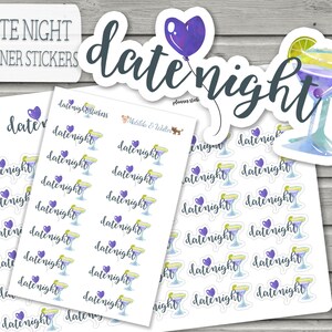 May include: A selection of "Date Night Planner Stickers" with watercolour illustrations. The stickers show the words "date night" in cursive, a purple heart balloon, and margarita glasses. The stickers are on a white background.