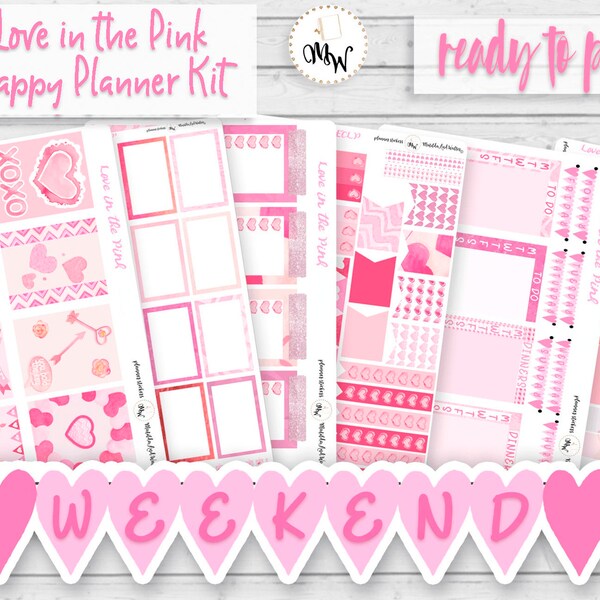 Romantic Happy Planner Vertical Kit, Autocollants Rose Rose Mambi, Premium Gloss, Love your weekly spread, A La Carte Full Boxes