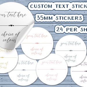 Runde benutzerdefinierte Aufkleber mit kursiver Schrift und Herz-Deco, verschiedene Farben zur Auswahl, personalisierte Business-Etiketten, Text-Produktetiketten-Aufkleberbogen
