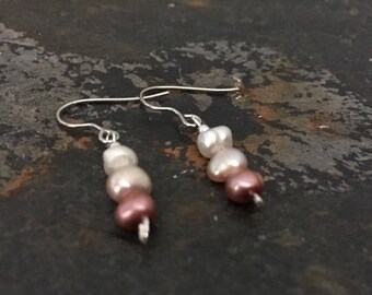 Silver and pink pearl drop earrings