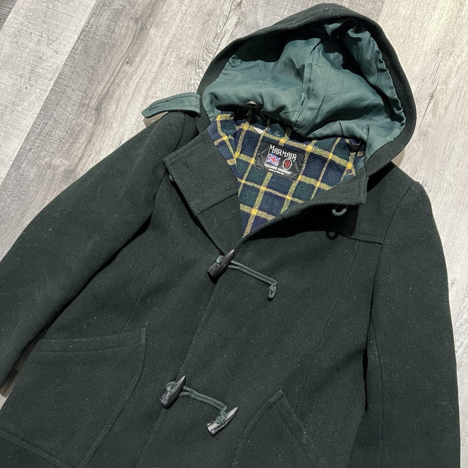 VTG Marmair England Made Wool Duffle Coat Green Plaid Lined Toggle