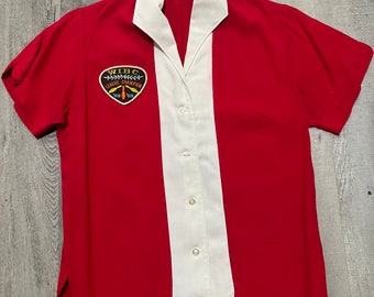 VTG 60’s King Louie Flock “SHAG LANG” Red Rayon Chain Stitch Bowling Shirt