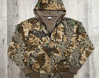 VTG Sports Afield Camo Hoodie Mens L Full Zip Realtree Camouflage Lined Hunting