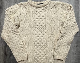 Vintage Callan Aran Fisherman Sweater Merino Wool Cable Knit Ireland Womens M
