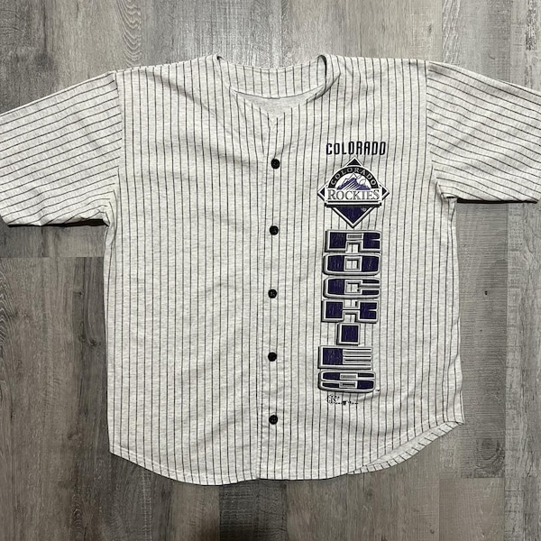 VTG Colorado Rockies MLB Baseball Button Shirt 90s Striped Cotton Jersey Grey M