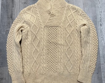 Vintage Oatmeal Beige Shawl Collar Cable Knit Wool Fisherman Ireland Sweater