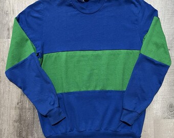 VTG Nutmeg Mills Blank Two Tone Stripe Blue/Green 1980s Lightweight Sweatshirt S
