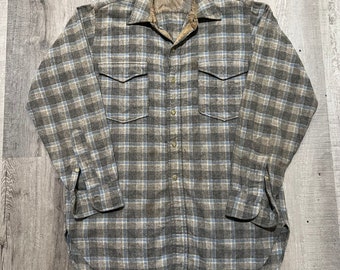 VTG Pendleton Blue/Grey Plaid Virgin Wool 1970s Flannel Camp Forest Button Shirt M