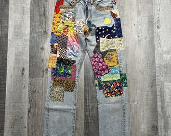 VTG Levi's 501 Patchwork Denim Jeans 90s Hippie Colorful Button Fly Straight Leg