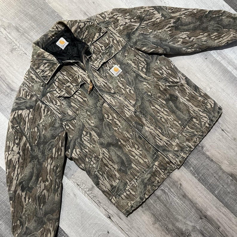 VTG Carhartt J63 MOT Jacket 90s Mossy Oak Camo Treestand Camouflage Mens L image 4