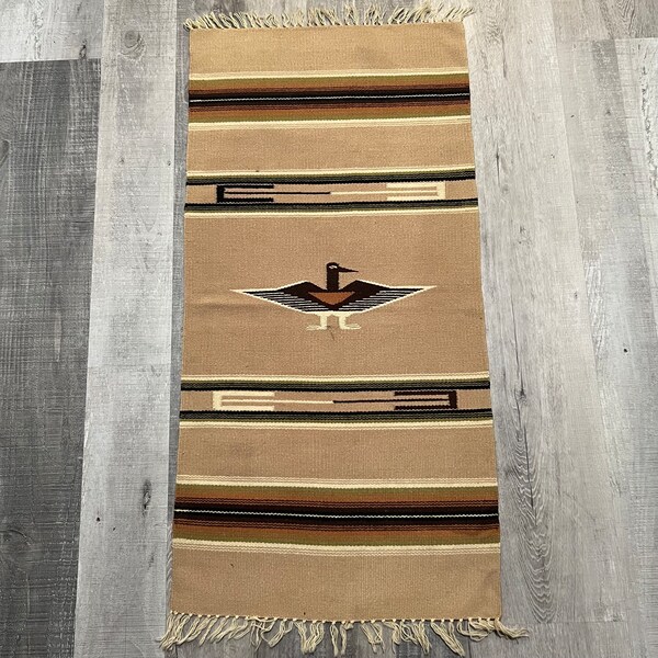 VTG Chimayo Beige Striped Santa Fe New Mexico Thunderbird Southwestern Rug