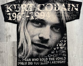 VTG Kurt Cobain AOP Nirvana Rock Eagle Memorial T Shirt Big Face All Over Print