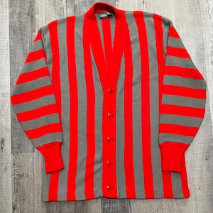 VTG Miami Knitting Mills 1960s Red/Grey Striped Knit Grunge Cardigan Sweater XL