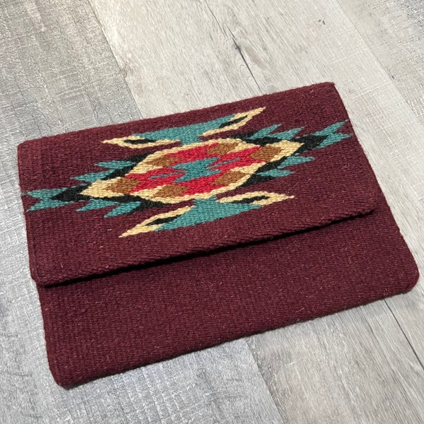 Vintage Chimayo Style Aztec Burgundy Textile Knit Southwestern Purse Clutch Bag Pouch