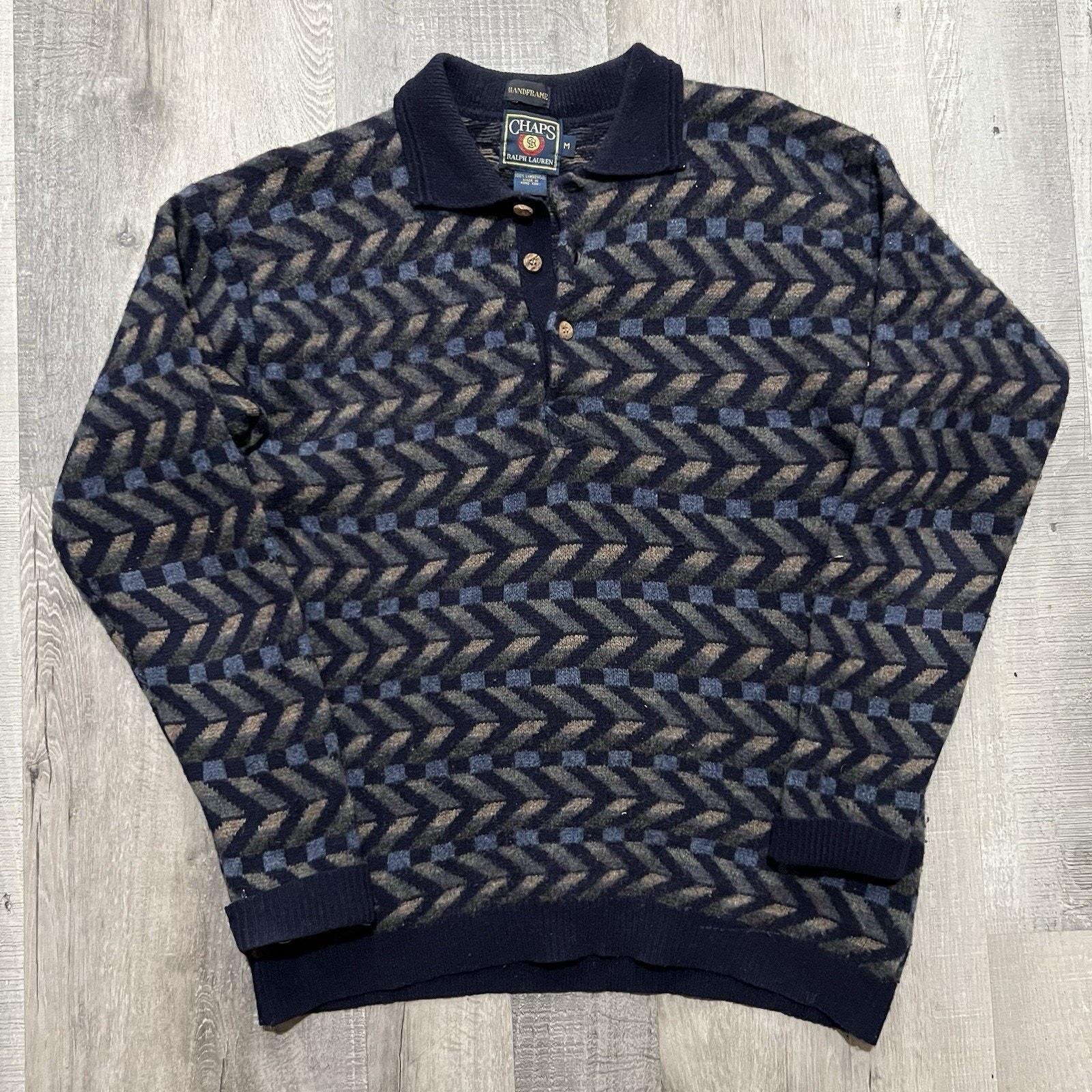 Vintage RALPH LAUREN ウール×レザー　カバー　ピローシャム VTG Chaps Ralph Lauren Handframe Geometric Lambswool Collared Pull