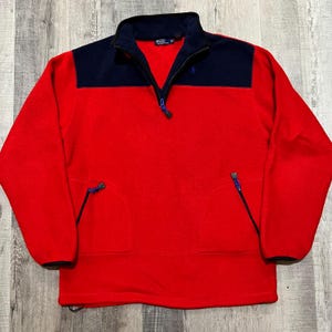 VTG Polo Ralph Lauren 80s/90s Red Blue 1/4 Zip Fleece Pull Over Jacket Mens XL